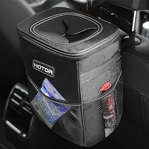 Car Trash Can with Lid and Storage Pockets