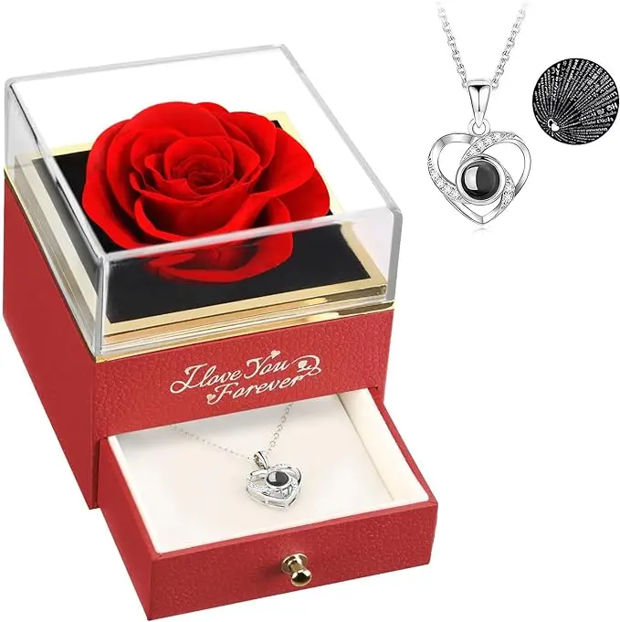 Preserved Real Red Rose with I Love You Necklace