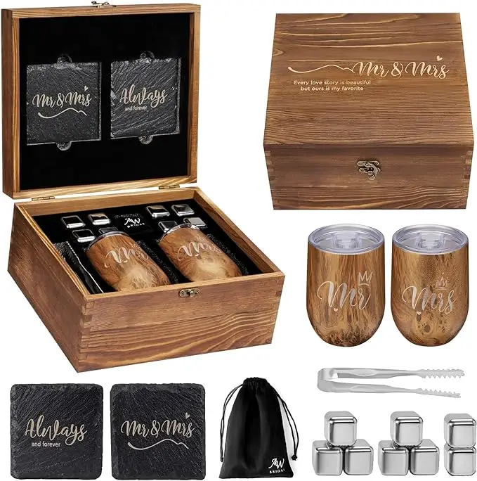 Wine Tumblers Wine Ice Cubes with Engraved Wooden Keepsake Box